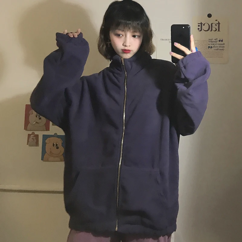 

Jackets Women Zip-Up Turtleneck Korean Style Harajuku Loose Thicker Casual Solid All-match Harajuku Sweatshirts Womens Clothing