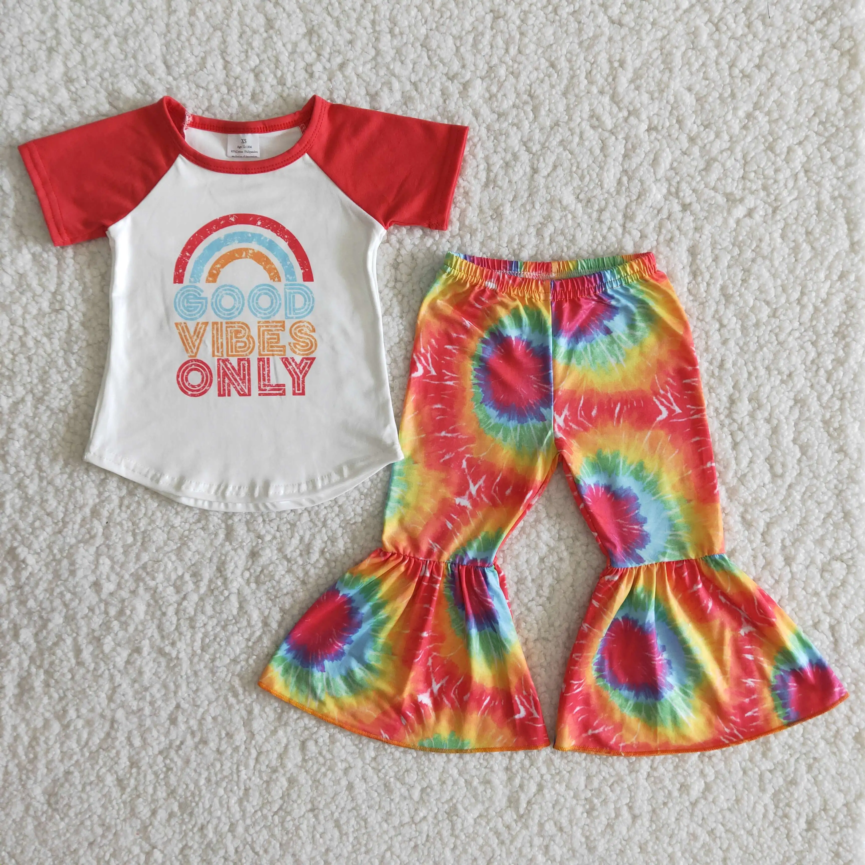 

Summer Autumn Red Patchwork Short-sleeved Top And Tie-dye Printed Flared Trousers Kids Clothing