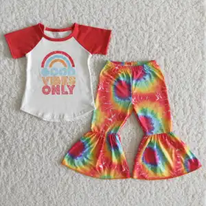 Summer Autumn Red Patchwork Short-sleeved Top And Tie-dye Printed Flared Trousers Kids Clothing