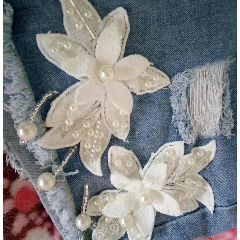 

plus size white high waist flower short harajuku ladies feminino jean shorts pearls beading 5xl women street fashion ripped hole