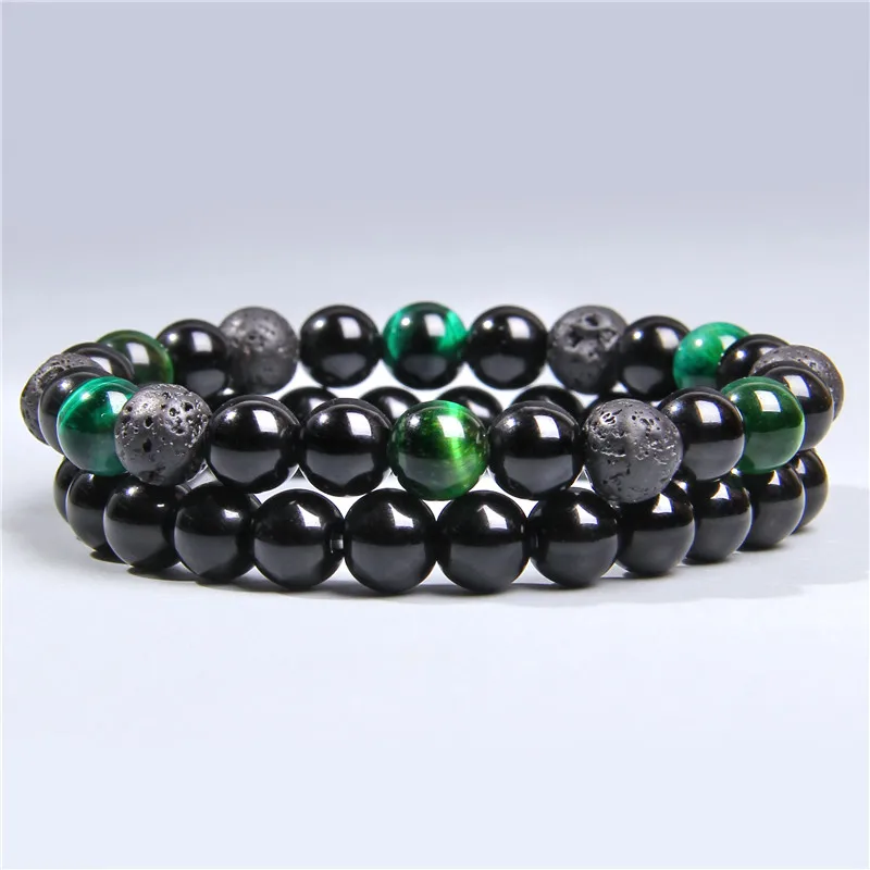 Браслет мужской из натурального зеленого тигрового глаза с бусинами лавового