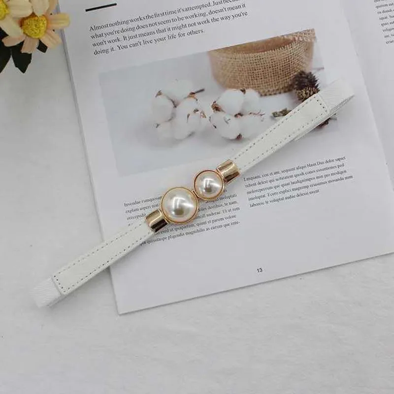 

Women Double Pearl Belt PU Leather Dress Skirt Waist Elastic Thin Belts Ladies Waistband