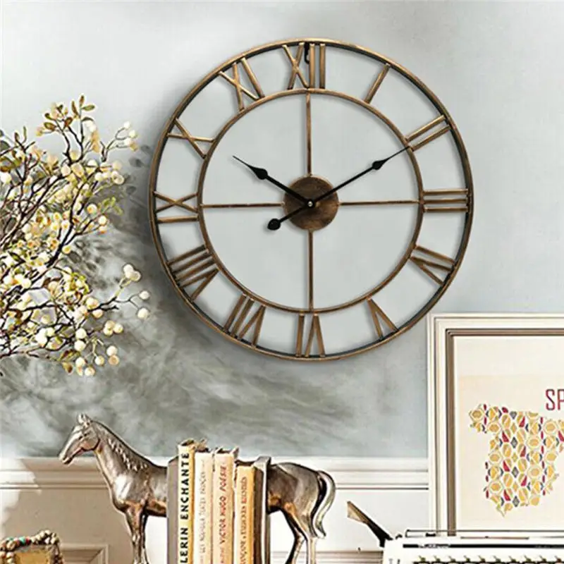 

New 18inch 3D Circular Retro Roman Wrought Hollow Iron Vintage Large Mute Decorative wall clocks Decoration For Home