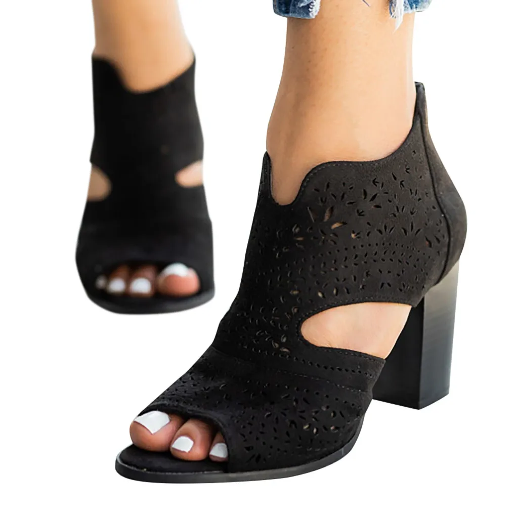 Женские босоножки на молнии JAYCOSIN черные повседневные с вырезами высоком каблуке