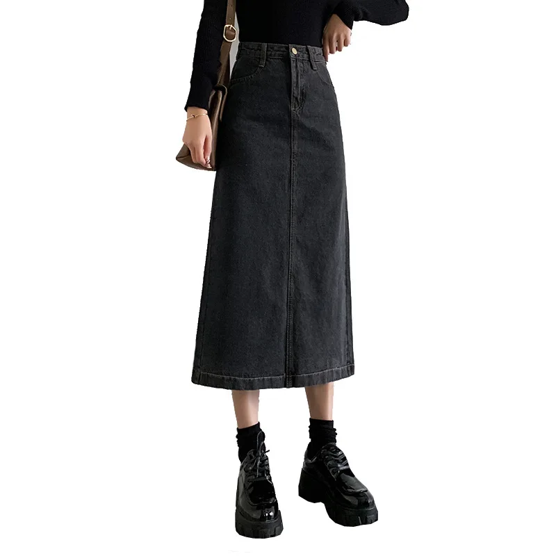 

Skirt 2020 Summer New Korean Style High Waist Casual Black Large Girl's Large Size A- Line Midi Denim Skirt for Women A-line