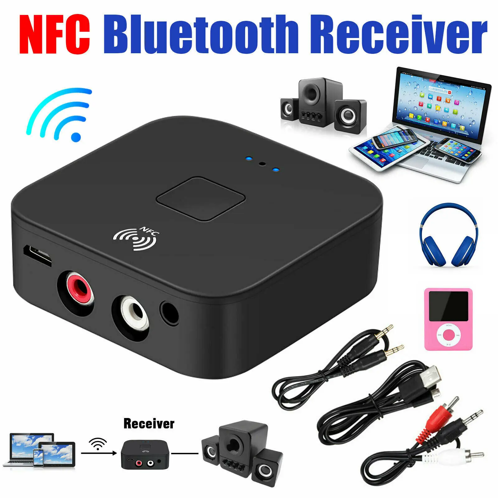 

Приемник Bluetooth 5,0, беспроводной стерео адаптер с разъемом 3,5 мм, AUX, NFC на 2 RCA