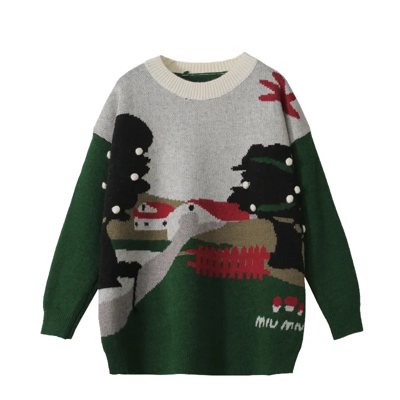 

High Quality Women's Oversize Sweater Prairie Chic House Print Lazy Lady Green Winter Knitted Christmas Pullover Knitwear Female