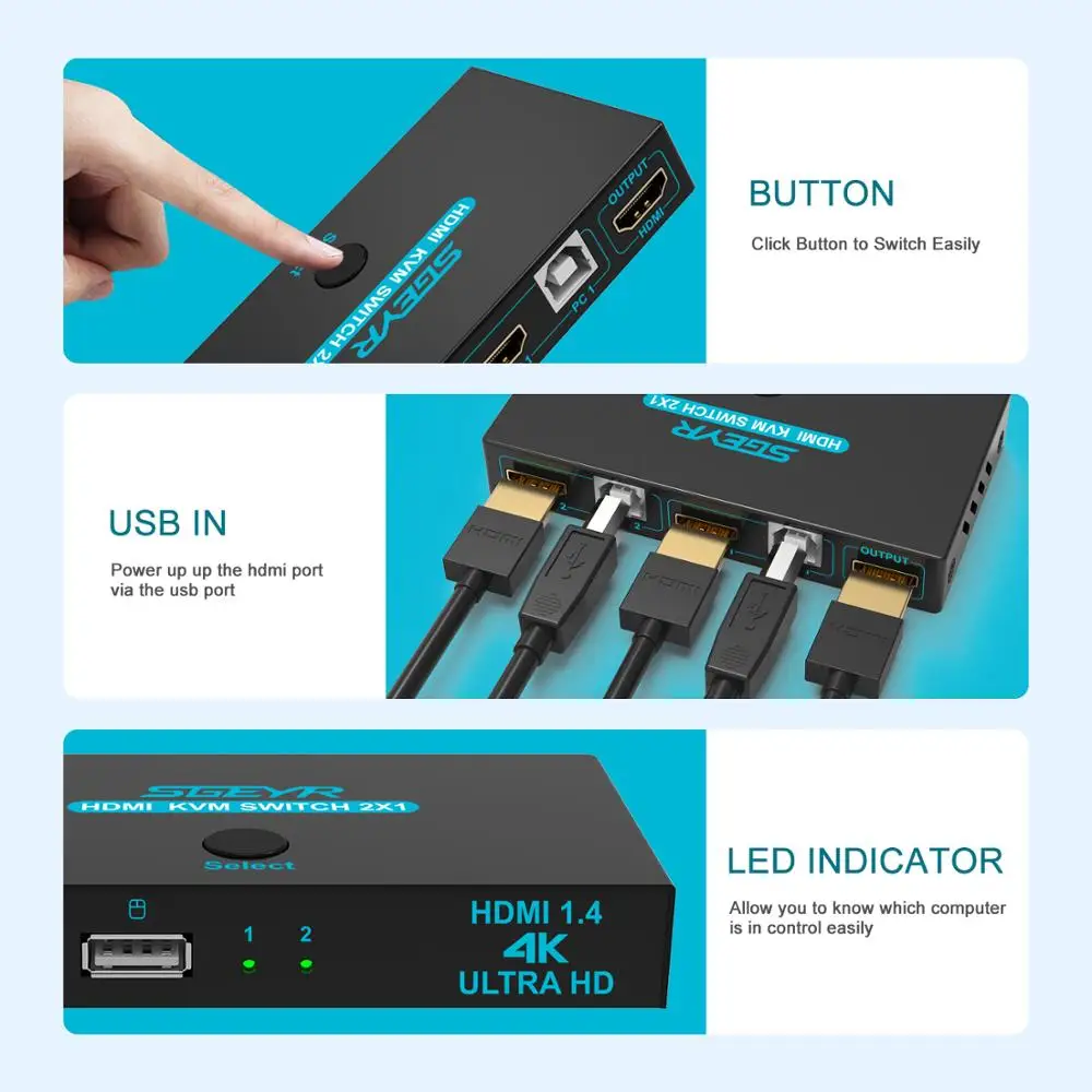 KVM-переключатель SGEYR, 2x1, HDMI, 4K, 2 порта USB, KVM-переключатель, 2 шт., 1 монитор, KVM-переключатель, клавиатура, мышь, общий доступ, поддержка портов 4K x ... от AliExpress RU&CIS NEW