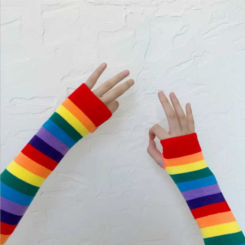 

Fashion Cute Women Colorful Long Arm Sleeves Striped Rainbow Knitted Sun Protection Cycling Sleeves Outdoor Sport Arm Covers