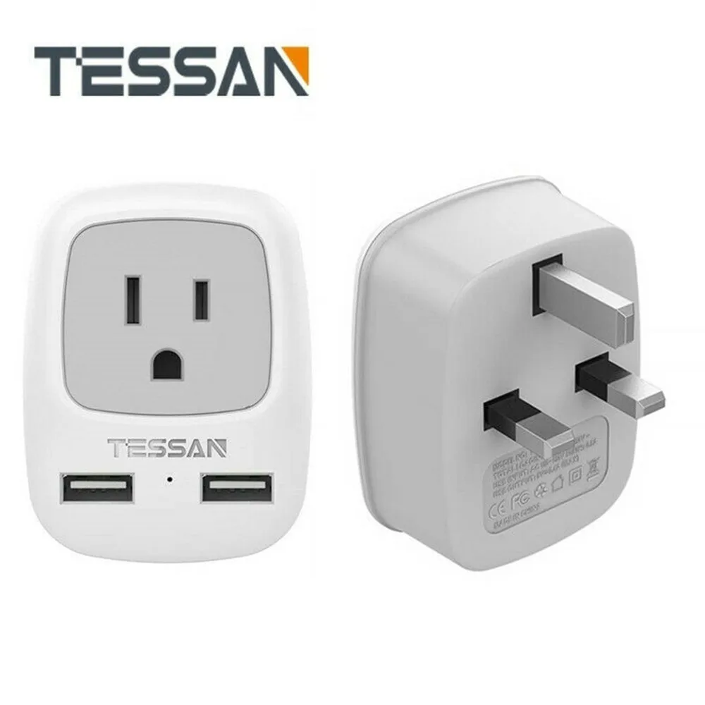 

TESSAN USA to UK Ireland HongKong Travel Outlet Adapter with 2 USB Charging Ports 1 AC Outlet 100-250V Grounded -Type G Plug
