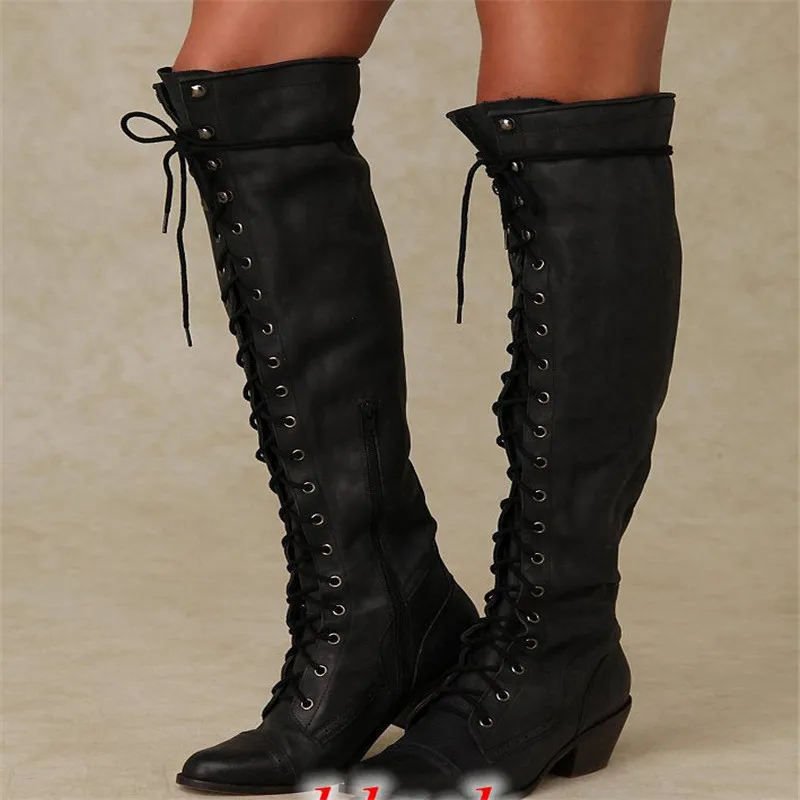 Женские сапоги на высоком квадратном каблуке шнуровке|Сапоги до колена| |