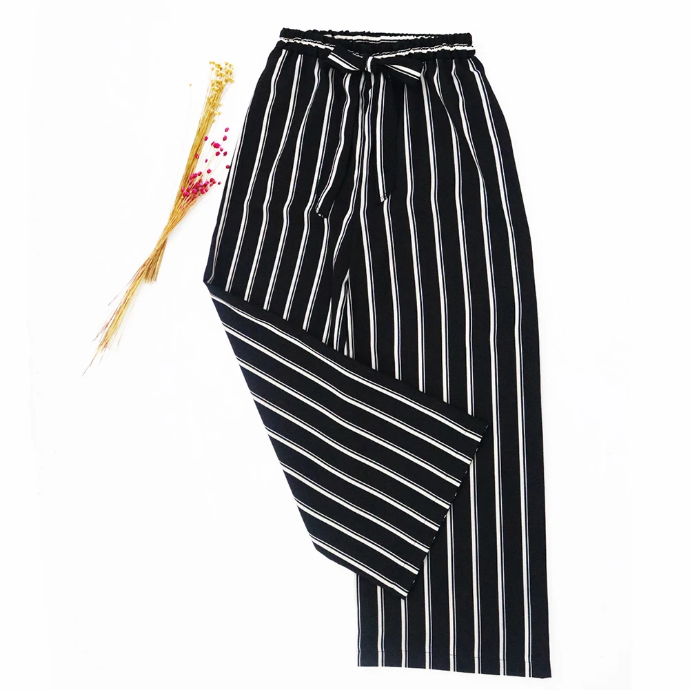 

Casual Women Solid Color/Striped Drawstring Wide Leg Trousers Loose Long Pants