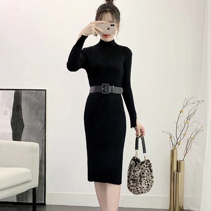 

Autumn Winter Split Dresses For Women 2021 Korean Office Lady Half High Collar Slim Bottoming Elegant Mid Knit Dress With Belt