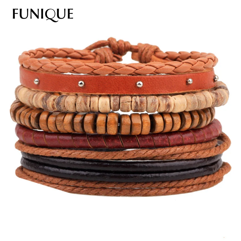 SOUARTS многослойный Панк мужской кожаный браслет Кокосовая оболочка из деревянных