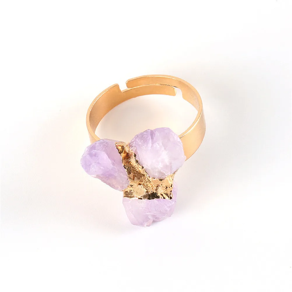 

Wholesale 6pcs/Lot Natural Stone Purple Crystal Quartz Gold-Color Irregular Ring for Lady Adjustable Austrian Finger Rings