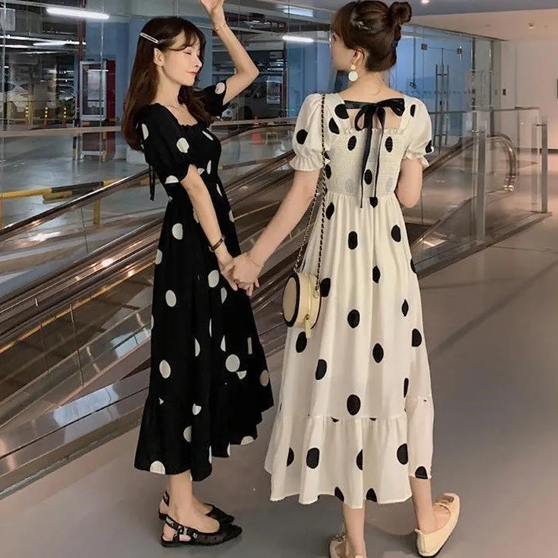 

Bohemian Style Dot Print Dress Fashion Sexy Backless Bow Dress Sweet Short Sleeve Square Collar Dresses