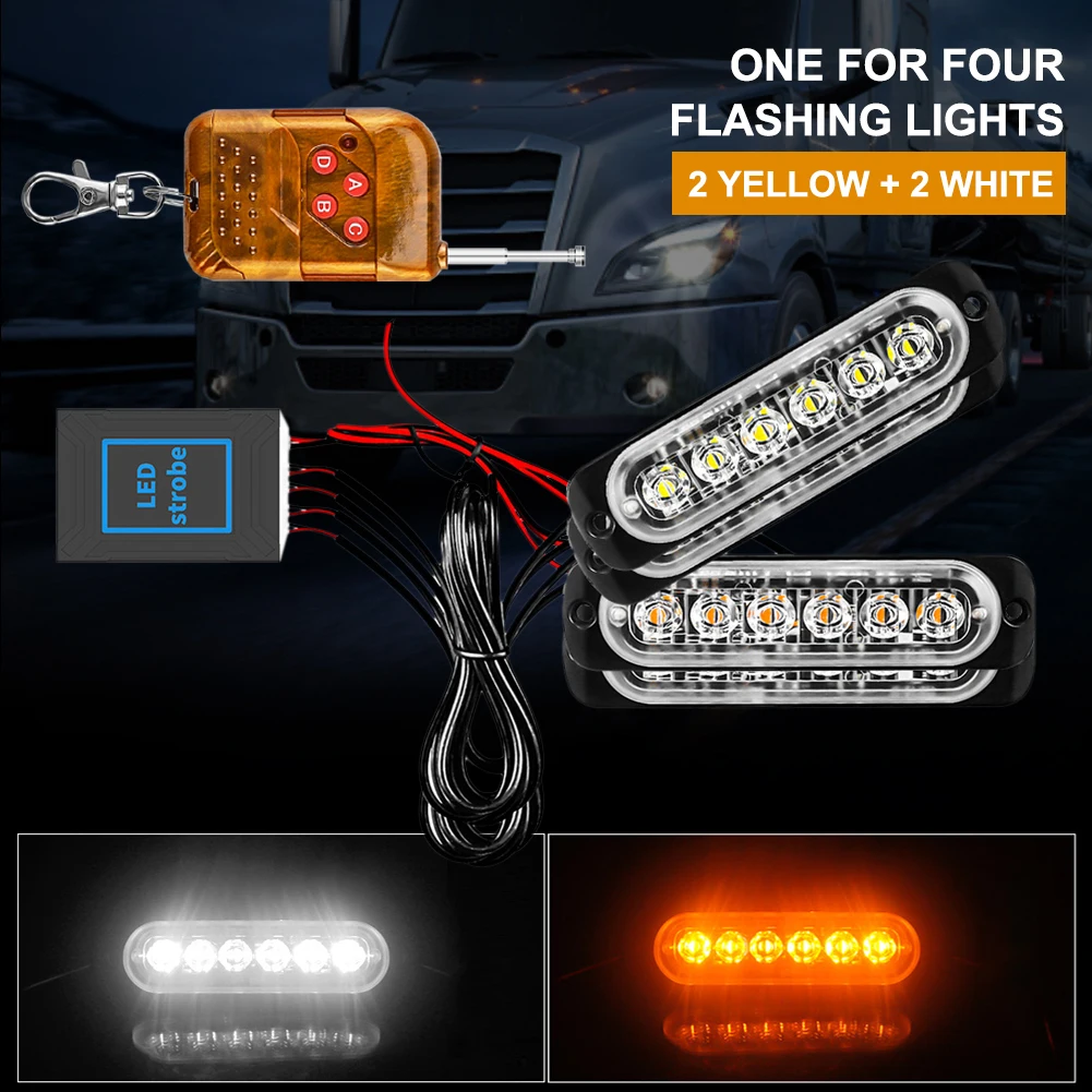 

4 In 1 Strobe Warning Light Amber LED Side Flashing Beacon Emergency Hazard Marker Grille Lamp Bar Tow Truck Pickup 12-24V Car