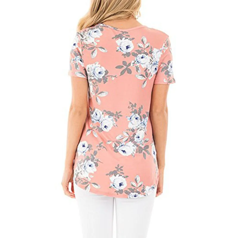 

Summer Women clothing Female Tee 3 Ladies Cotton Tops Floral print crossover with v-neck irregular short-sleeved Femmes T-shirt