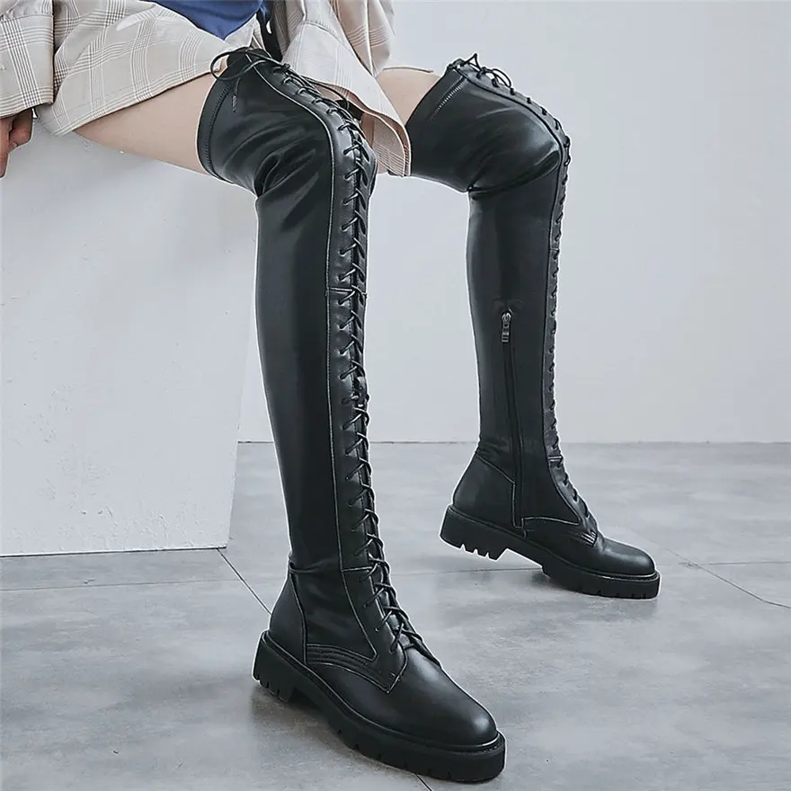 Thigh High Winter Oxfords Shoes Women Lace Up Strappy Over The Knee High Motorcycle Boots Female Long Shaft Fashion Sneakers