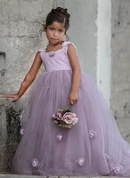 cute lilac flower girls dresses for wedding ball gown with 3d flowers tulle vintage square neck formal toddlers kids party wear