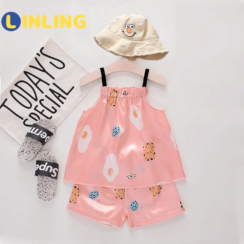 

LINLING Girls Nightwear Set Boys Pajamas Baby Pajamas Children Cute Casual Daily Sleeveless Sling Homewear Pajama Set V830