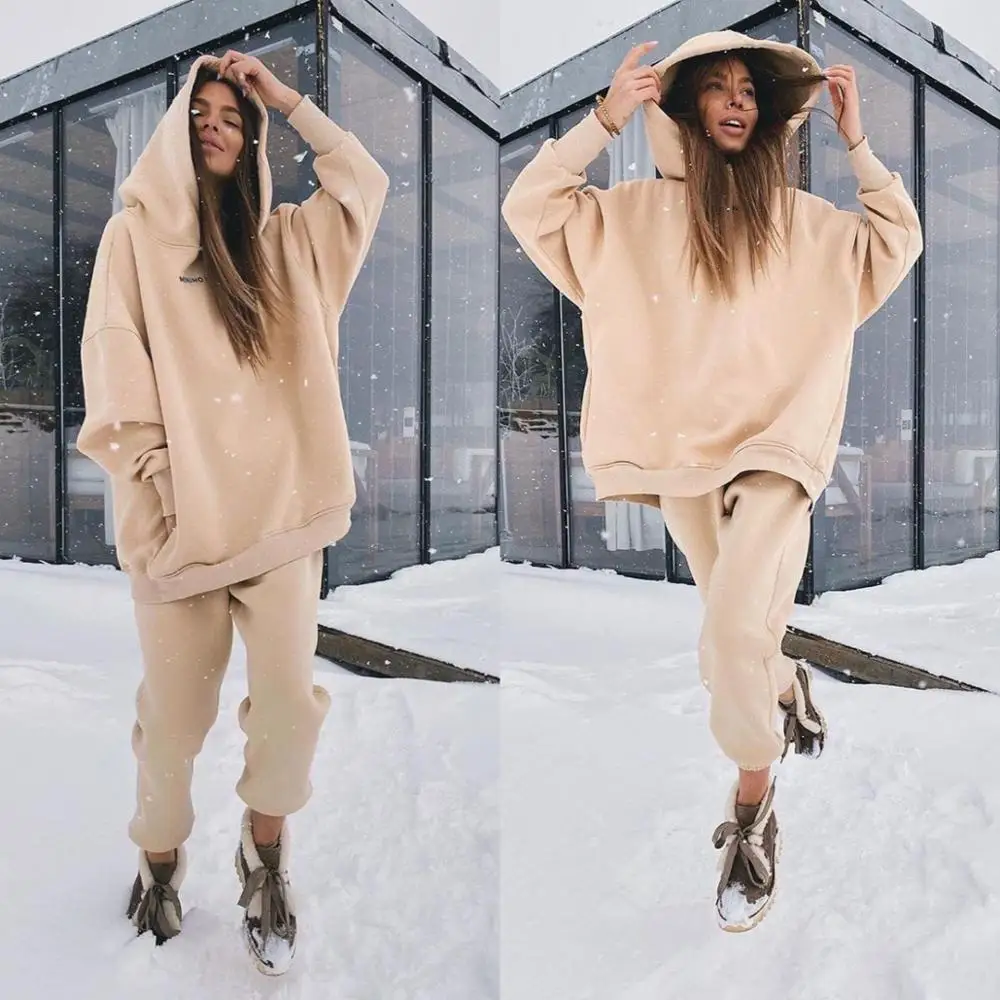 

Зимний спортивный костюм из двух предметов, женская теплая Толстовка Оверсайз с капюшоном, спортивный костюм для бега
