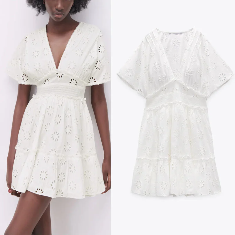 

Za Summer Openwork Embroidery Mini Women Dress 2021 Short Sleeve Elastic Waist Ruffled Hem Dresses White Vintage Dress Woman