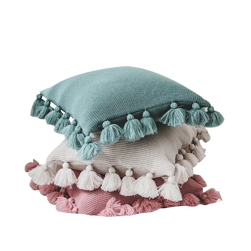 

Vintage Knot Knitting Lantern Tassel Cushion Cover Sofa Pillow Cover Solid Color Plush Bedside Rectangular Fringe Pillowcase