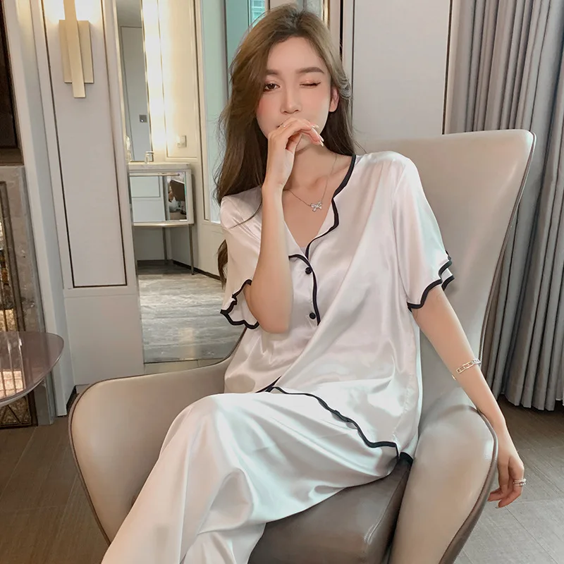 Spring Summer 2021 Women's Pajamas Suit Fashion Ice Silk Short V-Neck Nightgown Home Clothes Female Sleepwear Sleeping Wear