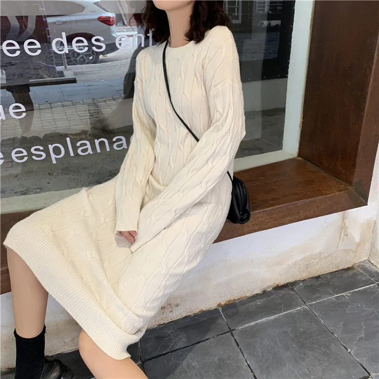 

Women Oversize Dresses Korean Knitted Autumn Winter Long Sleeve Fashion Loose Warm Midi Sweater Dress Elegant Party Streetwear