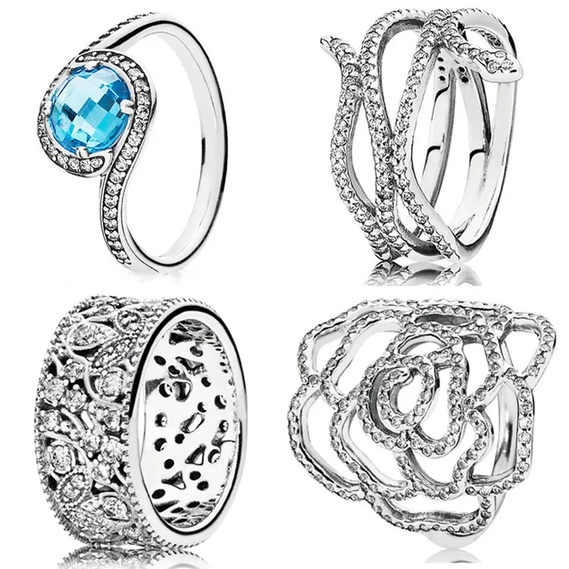 

New 925 Sterling Silver Ring Sky Blue Radiant Embellishment Wild Rose Flower Snake Leaves Band Ring For Women Fashion Jewelry
