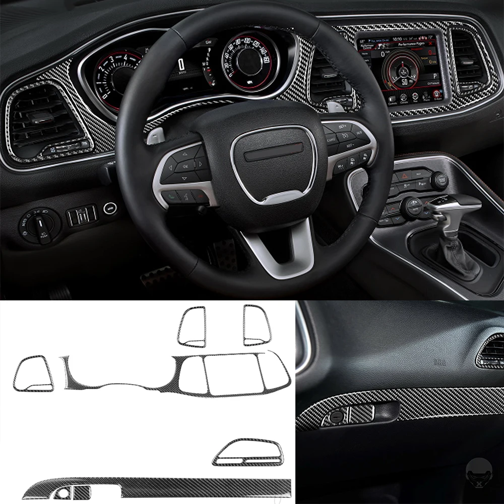 

8pcs Interior Trim Auto soft Carbon Fiber Dashboard Navigation GPS Panel Cover For Dodge Challenger 2015-2020 Car Accessories