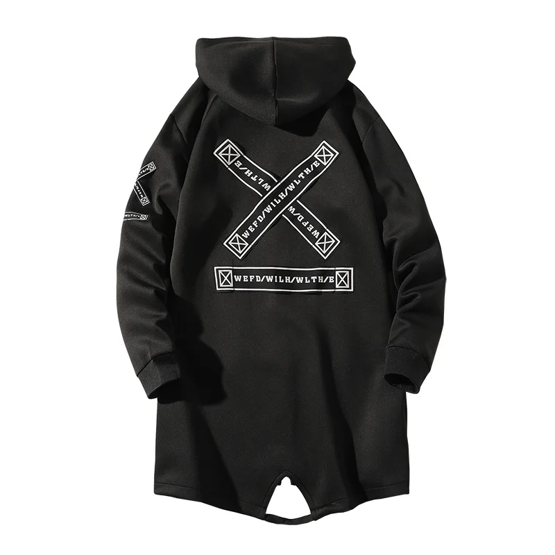 

2021 Spring Autumn Men Hooded Jackets Print Harajuku Windbreaker Ribbon Overcoat Male Casual Outwear Hip Hop Streetwear Coats