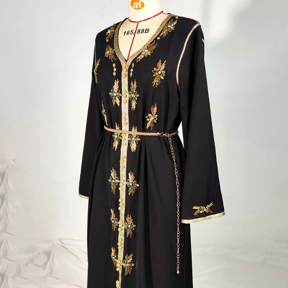 Черная абайя с камнями Дубай мусульманская Мода длинное платье поясом V-образным