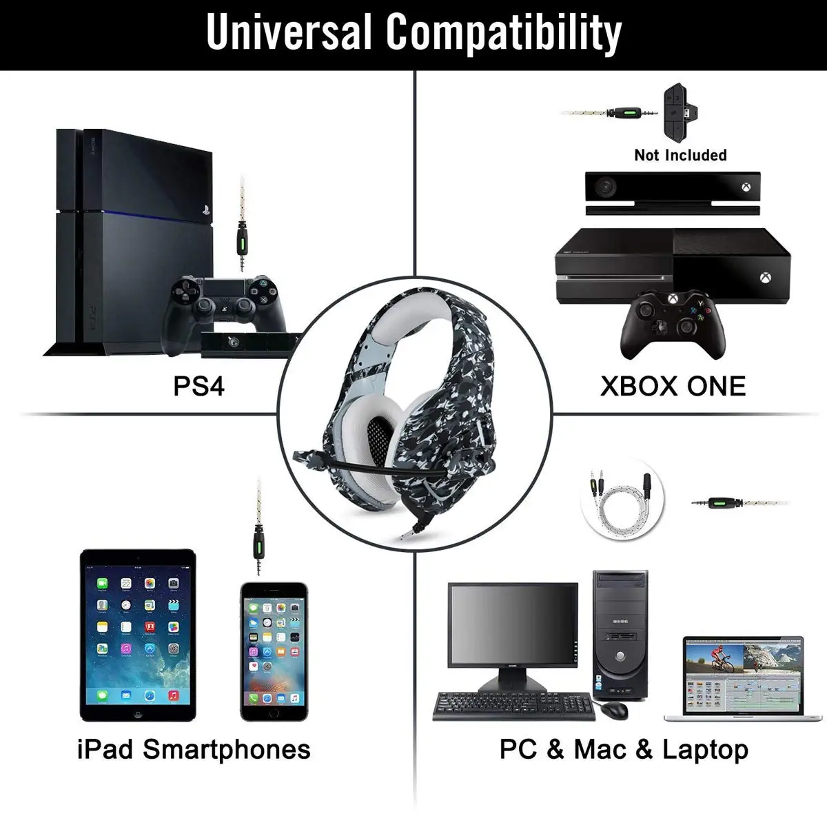 onikuma k1b camouflage gaming headset with mic and noise cancellation headphone gaming with led light for mobile phone laptop free global shipping