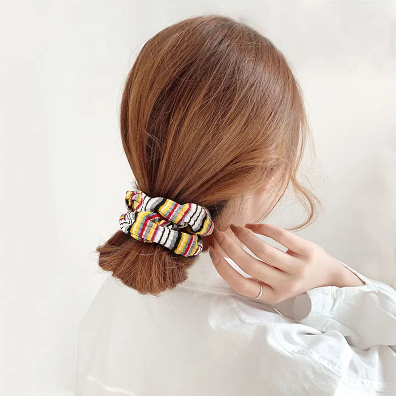 Вязаные резинки для волос цветные полосатые хвост радуги яркие цвета винтажные