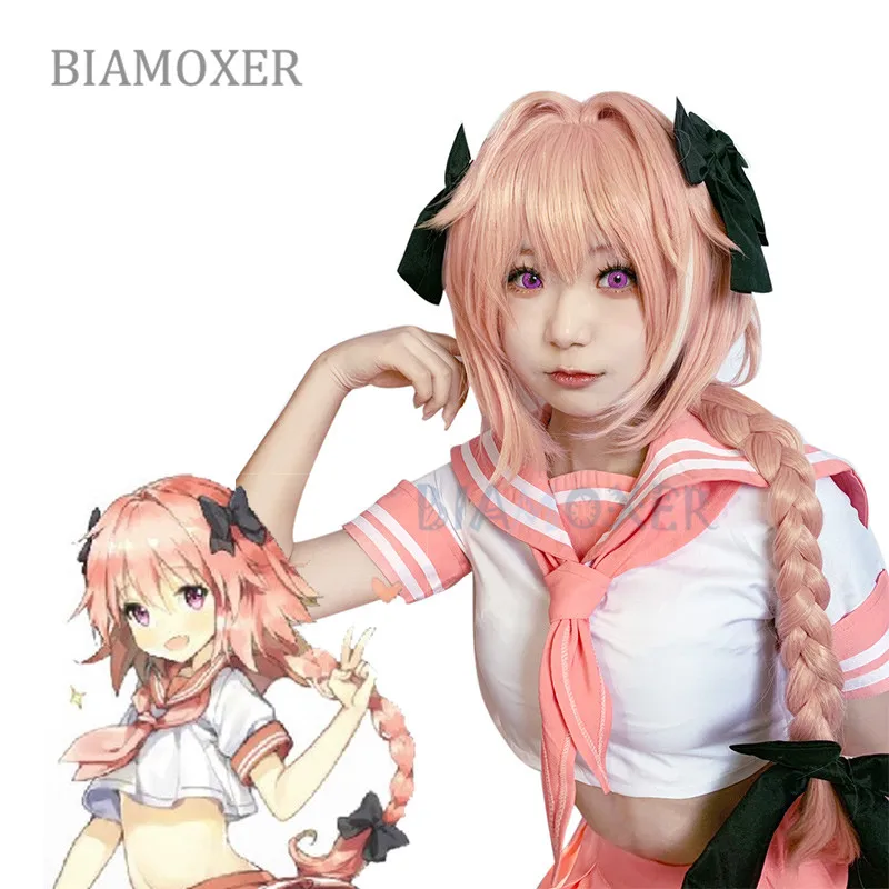 Парик Аниме Astolfo Fate/Apocrypha парики для косплея оранжевого и розового цветов с бантом