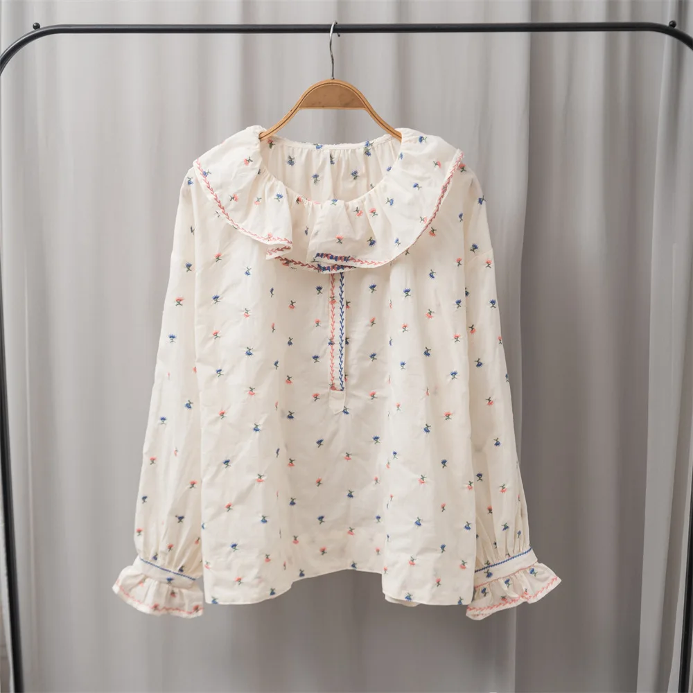 

Women's Fashion Ruffles Trim Embroideried Peter Pan Collar Blouse Long Sleeve Ladies Sweet Buttons Shirt Tops 2021 Early Autumn