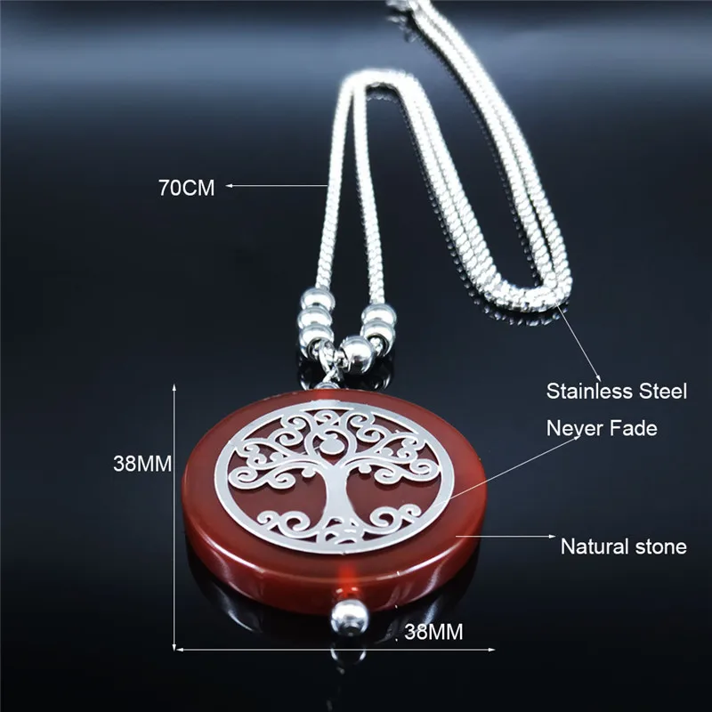 

Tree of Life Stainless Steel Long Beeds Necklace Women Red Color Natural Stone Necklace Jewelry acier inoxydable bijoux NFA7S04