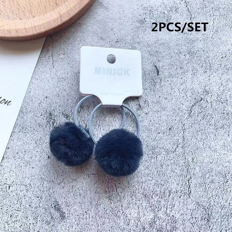 NAVY BLUE-2PCS 2/8/10/12 шт Для детей резинки для волос галстуки с шариками для маленьких девочек плюшевая повязка для волос Веревка для девочек Аксессуары резинки для волос - Цвет: NAVY BLUE-2PCS