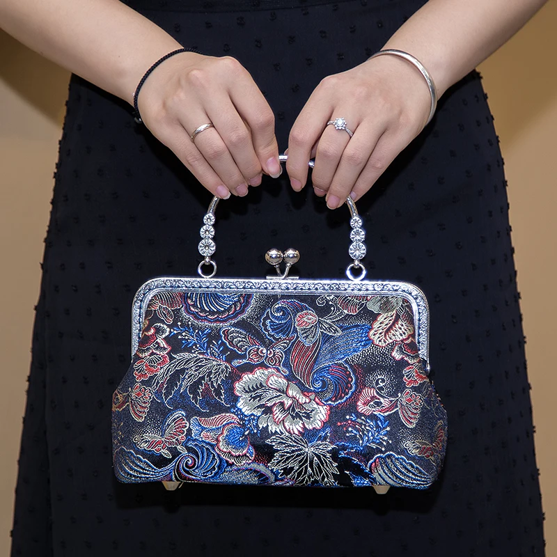 

Angelatracy 2021 Fabric Frame Top Handle Floral Flower Satin Lace Embroidery Handbag Silver Cheap Ball Clasp Crossbody Bag