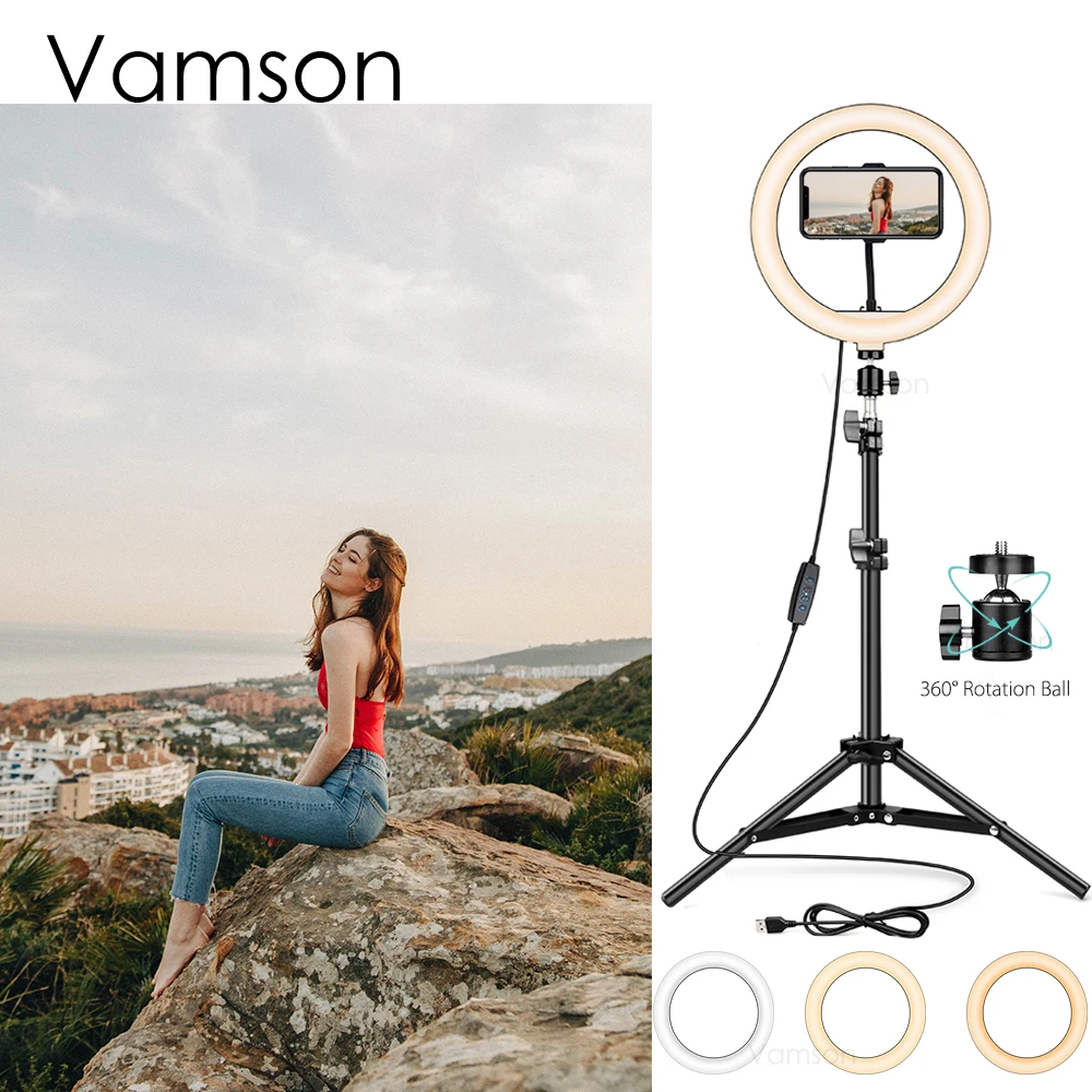 

Светодиодный светильник для селфи Vamson, кольцевой светильник для фотосъемки, светильник с регулируемой яркостью для камеры, кольцо для штат...