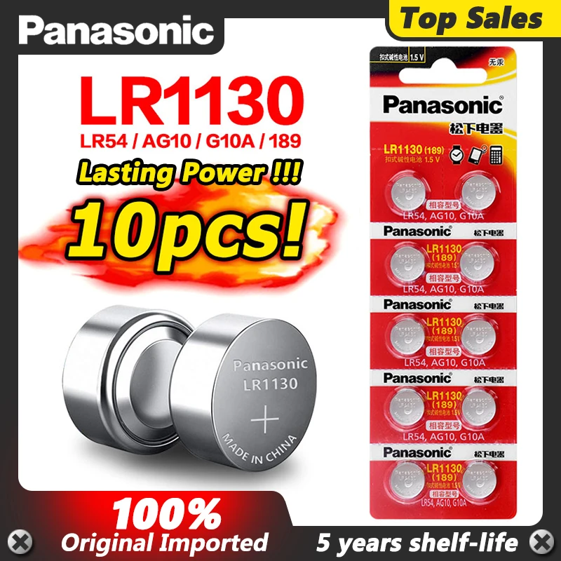 

10pcs Ag 10 Button Batteries Panasonic Battery Cell 1.5V AG10 LR1130 LR 1130 Alkaline Button Battery AG10 389 LR54 SR54 189