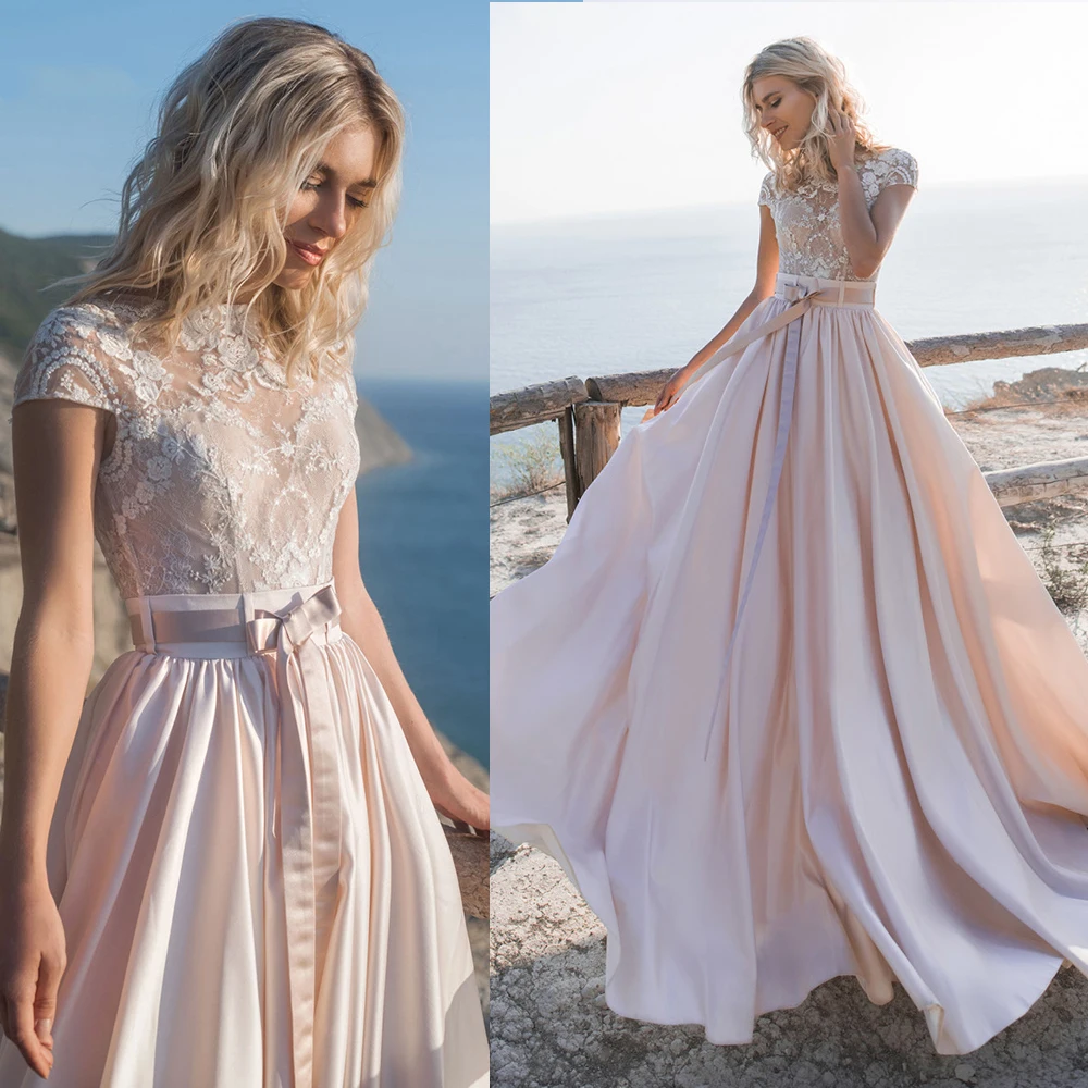 

Illusion Floral Lace Satin Cap Sleeves Wedding Dress A Line Custom Made 2022 Bateau Neck Sash Boho Beach Elopement Bridal Gowns