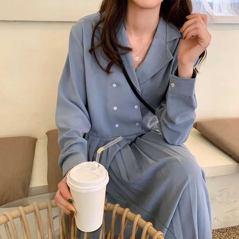 Женское осеннее платье в стиле преппи однотонное плиссированное с длинным