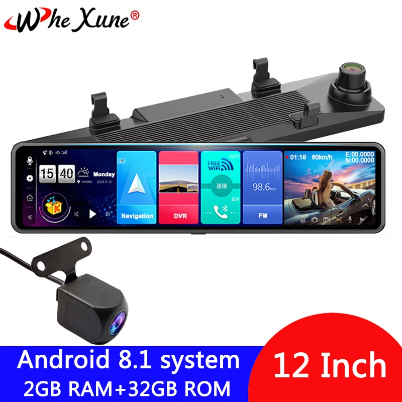 WHEXUNE Новый 12 &quot4G Android 8 1 Автомобильный видеорегистратор зеркало заднего вида GPS