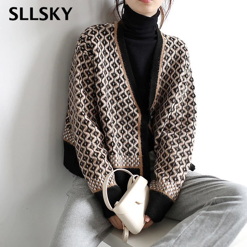 

Sllsky клетчатый вязаный свитер, кардиган для женщин, Осень-зима, v-образный вырез, Повседневный, короткий, однобортный, длинный рукав, Свободны...