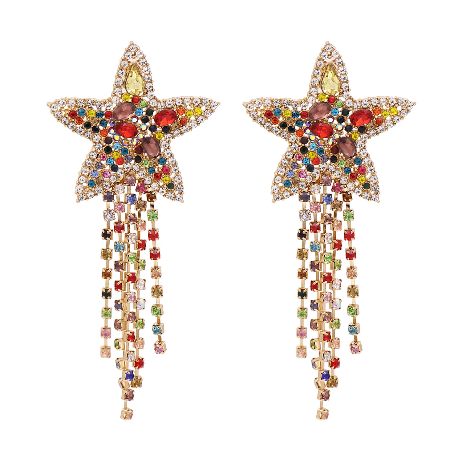

Wholesale Exaggerated Star Rhinestone Earrings Colorful Fashion Luxury Tassel Earrings Designed for Women