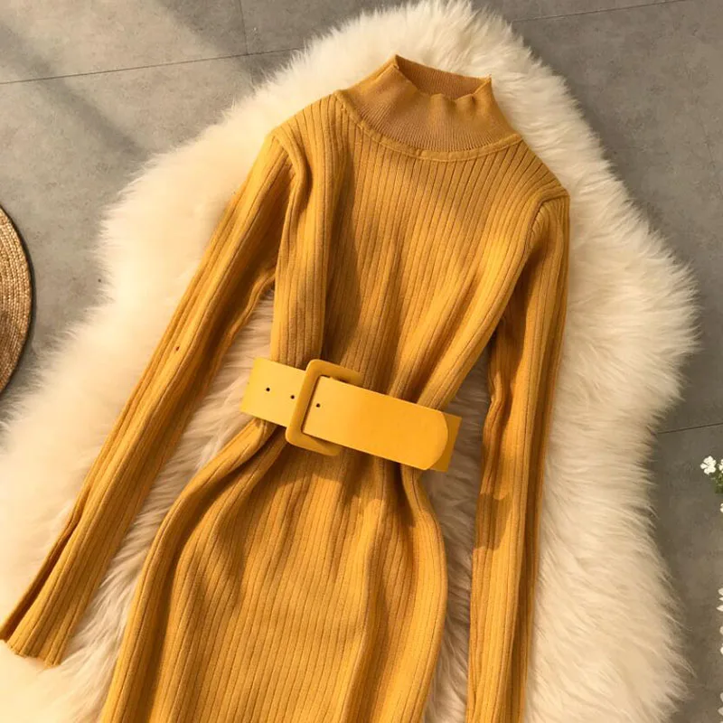 

Slim Sweater Bandage Bodycon Dress Long Sleeve Knitted Dress Turtleneck Sweater Dress 2020 Women Fashion Autumn Winter lady