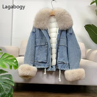 lagabogy 2021 new winter women demin jacket liner detachable 90 white duck down coat thick warm loose parka real fox fur collar